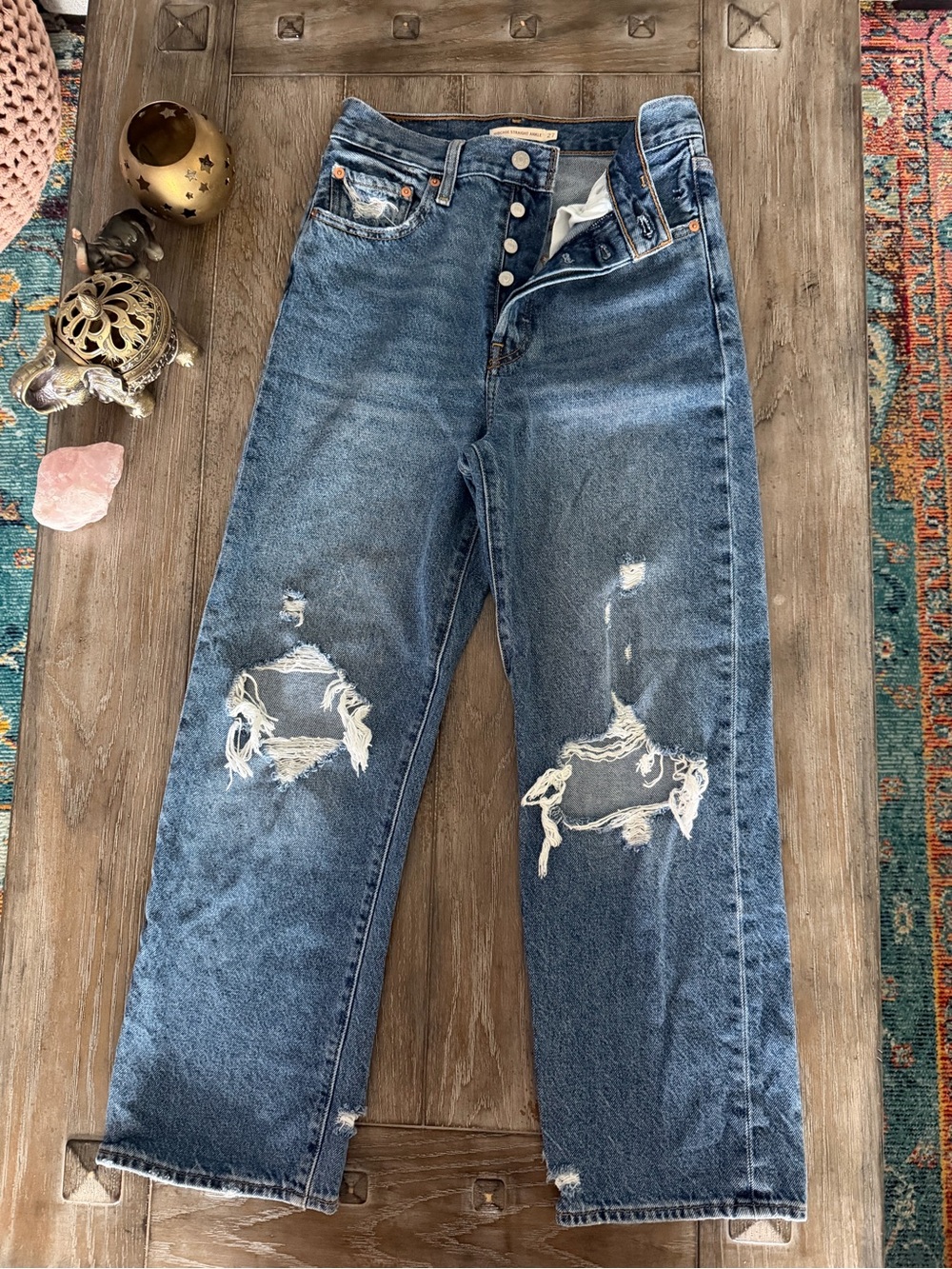 Levi’s Ribcage Distressed Ankle Blue Denim Jeans - Classic Look - Picture 2 of 9